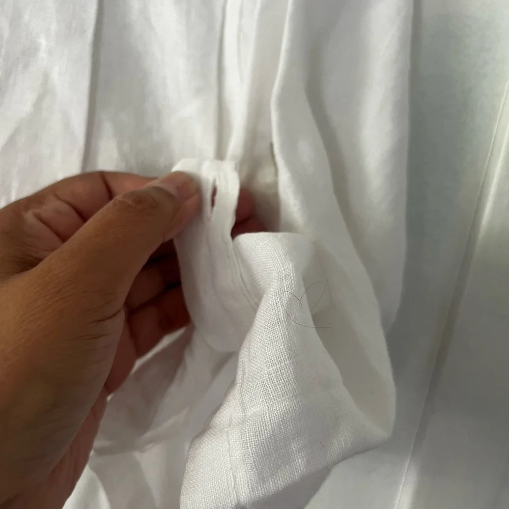 White Linen 3/4 Sleeve Boxy Blouse with Mandarin Collar - Picture 11 of 12